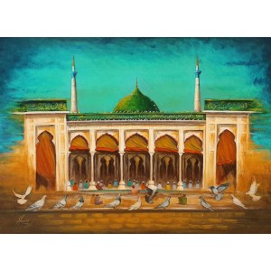 S. A. Noory, Shrine of Data Darbar - Lahore, 18 x 24 Inch, Acrylic on Canvas, Cityscape Painting, AC-SAN-112